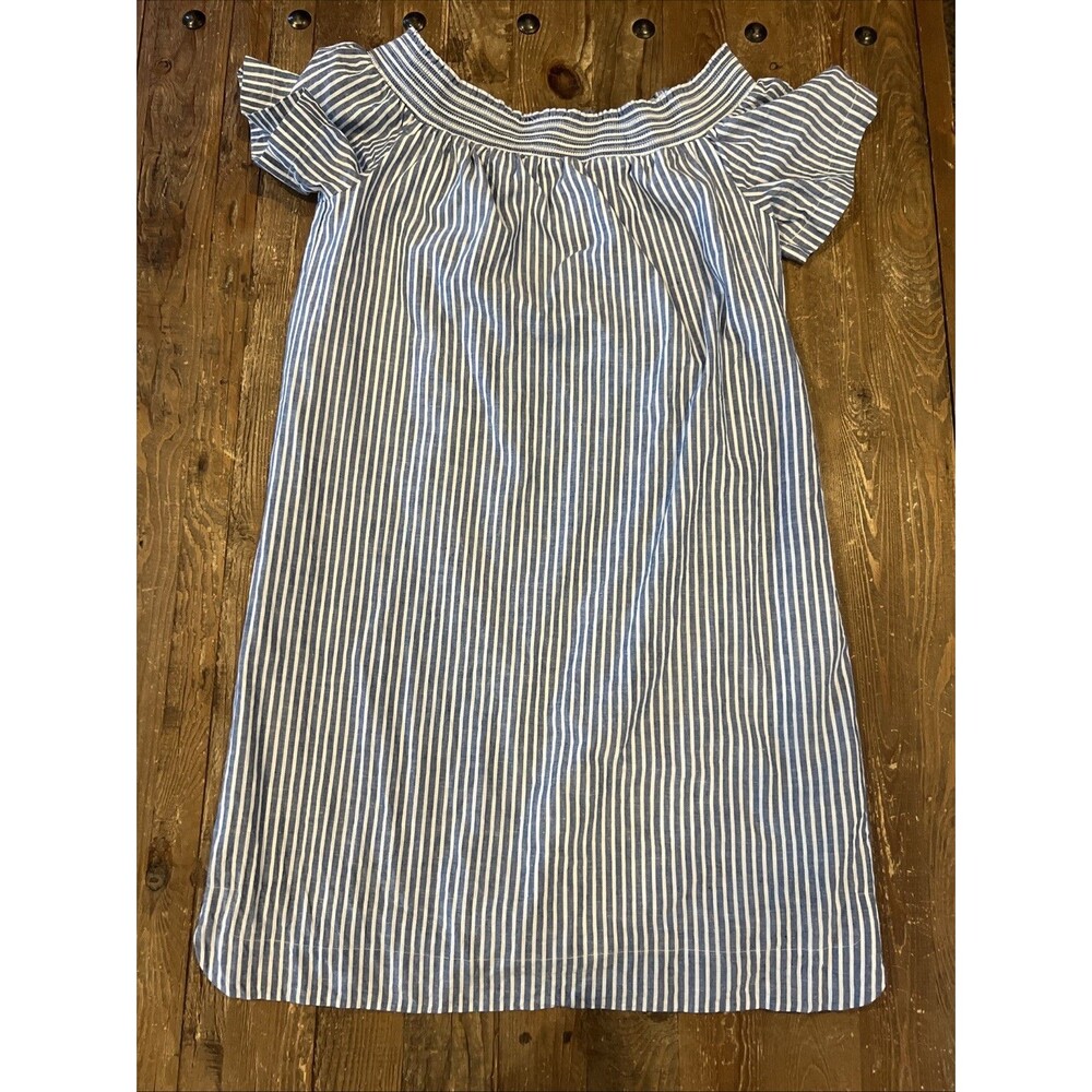 J Crew Seersucker Off The Shoulder Shift Dress Womens Sz 6 Blue & White Striped